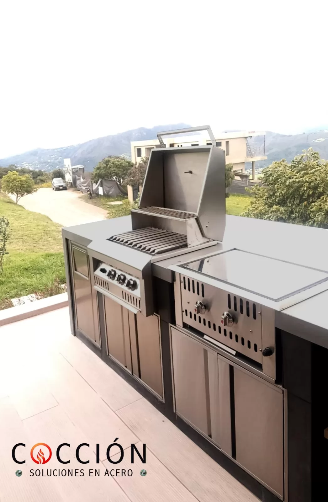 Cocina exterior proyecto boyaca Combo tepanyaki + bbq 2 Plancha asadora teppanyaki, bbq, fogon acero